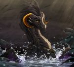  black_hair curved_horn detailed_background dragon female feral hair horn madam_reni_(twokinds) membranous_wings partially_submerged solo telleryspyro twokinds water wings yellow_eyes 