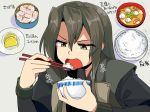  bowl can canned_food canned_tuna chopsticks commentary eating food fruit green_eyes grey_background grey_hair hair_down jinbaori kantai_collection kozou_(rifa) long_hair miso_soup open_mouth remodel_(kantai_collection) rice_bowl simple_background solo takuan translated upper_body zuikaku_(kantai_collection) 