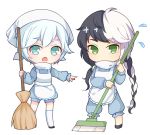  1girl apron blue_eyes broom cain7 chibi flying_sweatdrops green_eyes long_hair multicolored_hair open_mouth pointing short_hair silver_hair simple_background sweeping two-tone_hair vocaloid vocanese white_background yanhe yuezheng_longya 