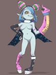  1girl appmon blue_hair blue_skin boots breasts cape choker demon_girl digimon digimon_universe:_appli_monsters female full_body hair_ornament hair_over_one_eye looking_at_viewer medium_breasts mienumon nipples pointy_ears puppet pussy shiny_skin solo succubus yellow_eyes 