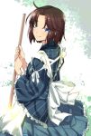  ahoge blue_eyes brown_hair closed_mouth commentary_request dress eyebrows_visible_through_hair frilled_dress frills holding holding_stick kara_no_kyoukai leaf looking_at_viewer maid ryougi_shiki shirokuma_a short_hair smile solo striped tree vertical_stripes 