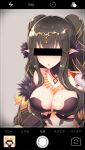  :o bangs bare_shoulders bikini black_bikini black_gloves black_hair blonde_hair blush body_writing breasts censored chocolate_on_breasts cleavage collarbone detached_collar elbow_gloves english eyebrows_visible_through_hair facing_viewer fate/grand_order fate_(series) fur-trimmed_gloves fur_trim gem gloves gradient gradient_background grey_background highres holding identity_censor index_finger_raised jewelry kana_(ky4696) large_breasts long_hair multiple_girls necklace nose_blush open_mouth pointy_ears semiramis_(fate) shiny shiny_skin sidelocks solo_focus swimsuit tiara twintails upper_body viewfinder 