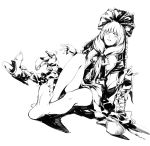  absurdres bangs barefoot blunt_bangs boots boots_removed dutch_angle feet front_ponytail frown full_body greyscale hair_ribbon high_heels highres kagiyama_hina knee_up long_hair looking_at_viewer monochrome ribbon ruukii_drift shoes_removed simple_background sitting soles solo sweatdrop touhou undressing white_background wrist_ribbon 