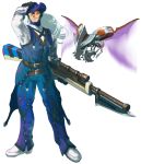  bayonet belt bnahabra_(armor) capcom commentary_request crossover drone dynamo full_body gloves goggles gun hand_on_headwear hand_on_own_head hat headgear holding holding_weapon hudy8358 insect_wings legs_apart long_hair male_focus monster_hunter monster_hunter_xx multiple_belts rifle rockman rockman_x shoes silver_hair simple_background smile solo standing weapon white_background white_footwear wings 