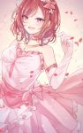  bare_shoulders blush bokutachi_wa_hitotsu_no_hikari choker commentary dress elbow_gloves eyes_visible_through_hair flower frilled_dress frills gloves hair_flower hair_ornament happy_birthday highres jewelry love_live! love_live!_school_idol_project necklace nishikino_maki open_mouth petals pink_dress purple_eyes red_hair short_hair sleeveless sleeveless_dress smile solo two-tone_background upper_body watoson white_gloves 