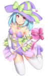  aqua_hair bangs bell blunt_bangs boots bow breasts bridal_gauntlets casual_one-piece_swimsuit closed_mouth detached_collar eyebrows_visible_through_hair full_body gem green_bow hat hat_bow heart holding holding_wand legs_up long_hair looking_at_viewer medium_breasts one-piece_swimsuit original pink_eyes purple_footwear purple_hat ribbon sasaame simple_background smile solo swimsuit thighhighs wand white_background white_legwear witch_hat 