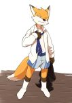  anthro boxers_(clothing) canine clothing fox glare grumpy legwear looking_at_viewer male mammal manmosu_marimo necktie pants senior_fox shirt socks solo standing underwear 