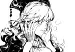  bangs blush close-up crescent dress embarrassed greyscale hands_up hat junko_(touhou) long_hair monochrome ruukii_drift simple_background solo tabard touhou upper_body wavy_hair white_background 