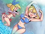  ;d arms_up ass bikini blonde_hair blue_eyes blush breasts cleavage commentary_request large_breasts multiple_girls navel one_eye_closed open_mouth red_eyes shantae_(series) shantae_and_the_pirate's_curse shirt_lift smile striped striped_bikini swimsuit tsuki_wani twitch_(shantae) undressing vinegar_(shantae) wading water 