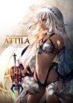  altera_(fate) backlighting bangs bare_shoulders breasts character_name closed_mouth comiket_93 commentary_request contrapposto cowboy_shot dark_skin detached_sleeves english fate/grand_order fate_(series) frills from_side full_body_tattoo groin highres holding holding_sword holding_weapon legs_apart long_sleeves looking_afar movie_poster navel photon_ray red_eyes revealing_clothes senzi short_hair small_breasts solo standing stomach sword tattoo text_focus v-shaped_eyebrows veil weapon white_hair 