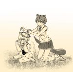  anteater_ears anteater_tail bare_shoulders blush bow bowtie commentary_request eyebrows_visible_through_hair flower fluffy fossa_(kemono_friends) fossa_ears fossa_tail frilled_skirt frills head_wreath highres kemono_friends long_sleeves monochrome multiple_girls neckerchief nose_blush ouka_(yama) pantyhose pleated_skirt seiza short_hair shorts sitting skirt socks southern_tamandua_(kemono_friends) suspenders vest white_hair 