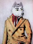  anthro arctic_wolf canine clothing coat facial_hair frederick_von_fappel frederick_von_fappel_(artist) fur grey_hair hair half-length_portrait male mammal mustache old portrait scarf simple_background solo suit traditional_media_(artwork) white_background white_fur wolf yellow_eyes 