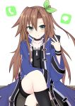  blush bow brown_hair cellphone choker eyebrows_visible_through_hair green_eyes hair_bow hair_ornament highres holding holding_cellphone holding_phone if_(choujigen_game_neptune) jacket long_hair looking_at_phone neptune_(series) phone ribbon sitting solo yasei 