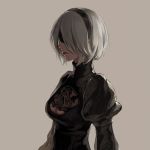  black_blindfold black_dress black_hairband blindfold breasts cleavage cleavage_cutout covered_eyes dress from_side grey_background grey_hair hairband highres juliet_sleeves jun_(seojh1029) lips long_sleeves medium_breasts nier_(series) nier_automata no_mole nose parted_lips puffy_sleeves short_hair simple_background solo turtleneck turtleneck_dress upper_body yorha_no._2_type_b 