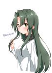  alternate_costume bangs black_sweater cropped_torso eyebrows_visible_through_hair from_above green_eyes green_hair hair_down hair_intakes holding holding_hair hoshino_kagari kantai_collection long_hair long_sleeves looking_at_viewer looking_to_the_side parted_bangs shiny shiny_hair shirt sidelocks simple_background solo sweater turtleneck twitter_username upper_body v-shaped_eyebrows white_background white_shirt zuikaku_(kantai_collection) 