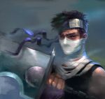  1boy bandage black_hair half_mask headband male_focus mask momochi_zabuza naruto ninja purple_eyes short_hair skotch3 spiky_hair sword weapons 