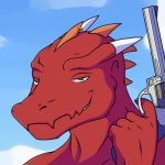  anthro cloud day dragon frill gd green_eyes grin gun handgun horn low_res male outside piercing ranged_weapon revolver scalie sky smile solo teeth tobalth weapon western_dragon 