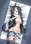  absurdres animal_ears black_hair blue_eyes blush breasts fang fur_collar gloves grey_wolf_(kemono_friends) groin heterochromia highres ikariko_(miu-f) kemono_friends large_breasts looking_at_viewer lying multicolored_hair navel no_bra no_panties open_clothes plaid plaid_neckwear plaid_skirt pleated_skirt skirt skirt_pull solo tail two-tone_hair white_gloves white_hair wolf_ears wolf_girl wolf_tail yellow_eyes 