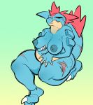  anthro areola big_breasts blue_scales breasts claws crocodilian female feraligatr glacierclear looking_at_viewer nintendo nipples overweight overweight_female pok&eacute;mon pok&eacute;mon_(species) reptile scales scalie scar sharp_teeth simple_background sitting solo spikes teeth thick_thighs video_games 