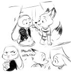  4_fingers angry anthro canine caprine clothed clothing dialogue disney english_text female fox frown fur hi_res holding_object jacket judy_hopps lagomorph male mammal nick_wilde open_mouth rabbit sheep shirt shorts simple_background sketch smile stranger_things text trashasaurusrex white_background zootopia 