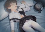  bed_sheet black_skirt brown_hair closed_eyes commentary_request crotch_seam hat hat_removed hatoba_tsugu hatoba_tsugu_(character) headwear_removed long_sleeves lying mu-pyon on_back open_mouth panties panties_under_pantyhose pantyhose pillow short_hair skirt sleeping solo underwear virtual_youtuber white_legwear 