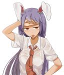 animal_ears breasts bunny_ears daitoutei half-closed_eyes hand_on_own_forehead long_hair medium_breasts necktie open_mouth orange_eyes purple_hair reisen_udongein_inaba see-through shirt solo sweat sweatdrop touhou upper_body wet wet_clothes wet_shirt white_shirt 
