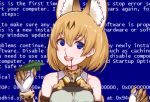  :d animal_ears bangs bare_shoulders blood blood_from_mouth blood_on_face blue_screen_of_death bob_cut brown_hair claws disco_brando empty_eyes english extra_ears eyebrows_visible_through_hair gloves hair_between_eyes hands_up head_tilt holding kemono_friends looking_at_viewer multicolored_hair nosebleed open_mouth orange_hair paper_airplane round_teeth serval_(kemono_friends) serval_ears serval_girl serval_print short_hair sleeveless smile solo teeth text_in_eyes two-tone_hair upper_body wall_of_text white_gloves 