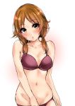  :o arm_at_side bangs bare_arms bare_shoulders blush bra breasts brown_eyes cleavage collarbone convenient_arm eyebrows_visible_through_hair gradient gradient_background groin hair_tie head_tilt highres idolmaster idolmaster_cinderella_girls katagiri_sanae long_hair looking_at_viewer low_twintails medium_breasts murabito_c navel panties panty_pull parted_bangs parted_lips pink_background pulled_by_self purple_bra purple_panties shiny shiny_hair short_twintails sketch solo stomach tareme twintails underwear 