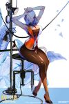  absurdres armpits arms_up between_breasts blade_&amp;_soul breasts cleavage collar high_heels highres imp_(sksalfl132) large_breasts necktie necktie_between_breasts pantyhose red_eyes shadow short_hair sitting slender_waist solo stage_lights stool strapless tubetop white_hair 