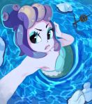  1girl arm_up bare_arms bare_shoulders blue_eyes cala_maria_(cuphead) cuphead_(game) from_above giantess lips looking_at_viewer mermaid monster_girl navel outstretched_arm pale_skin partially_submerged purple_hair self_shot shell_bikini sky tentacle_hair water 