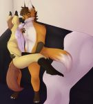  2018 4_toes 5_fingers anthro blvejay canine claws cuddling detailed digital_media_(artwork) eyes_closed fox hair hi_res hug inside kissing male mammal nude shaded toes 