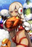 altera_(fate) altera_the_santa bangs bare_shoulders blue_sky blush box breasts bright_pupils chicken_(food) choker christmas closed_mouth colored_eyelashes commentary_request dark_skin day detached_sleeves earmuffs eating eyebrows_visible_through_hair fate/grand_order fate_(series) food full_body_tattoo gift gift_box half-closed_eyes hands_up highres holding holding_food long_sleeves looking_down mittens navel outdoors parted_bangs red_choker red_eyes reirou_(chokoonnpu) revealing_clothes riding sheep short_hair sky small_breasts snow snowing stomach straddling tattoo tree veil white_hair white_mittens white_pupils 