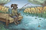  2018 anthro black_claws black_fur black_pawpads blue_bottomwear blue_clothing bobber cattail claws clothed clothing day digital_media_(artwork) eyebrows eyelashes female fishing fishing_rod fur green_clothing green_topwear half-closed_eyes holding_object hoodie labrador_retriever leg_tuft lily_pad neck_tuft outside pawpads pier plant ponytail seaside sepia_(artist) shorts sitting smile solo toe_claws tongue tongue_out tree tuft water 