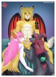  2017 anthro balls bed blush braixen breasts butt canine erection female fur gradient_background group group_sex hi_res male mammal nintendo nude one_eye_closed oral penis pok&eacute;mon pok&eacute;mon_(species) sex shinn simple_background sitting smile threesome tongue vein veiny_penis video_games wink zoroark 