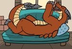  angels_with_scaly_wings blush brown_scales bryce_(awsw) claws dragon drinking eyes_closed feral horn lying on_back open_mouth scales scalie sofa solo tan_scales toe_claws tongue tongue_out trout_(artist) video_games 