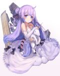  absurdres azur_lane black_bow black_ribbon blue_eyes blush bow commentary dress gradient gradient_background hair_bun hair_ribbon highres long_hair looking_at_viewer purple_hair ribbon sitting solo stuffed_unicorn unicorn_(azur_lane) white_background white_dress white_legwear yohaku 