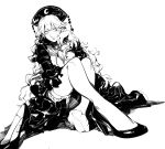  bangs crescent curly_hair dress feet full_body greyscale hand_up hat high_heels highres junko_(touhou) knees_up long_hair monochrome ribbon ruukii_drift shoes sideways_glance simple_background single_shoe sitting soles solo tabard tassel thighhighs touhou white_background 