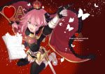  :d arm_up astolfo_(fate) bangs black_bow black_gloves black_legwear black_shirt black_skirt book boots bow braid buckle bug butterfly citron_82 commentary_request crown dot_nose emblem engrish eyebrows_visible_through_hair fang fate/apocrypha fate_(series) faulds from_above fur-trimmed_cloak fur_collar garter_straps gauntlets gloves gold_trim gorget hair_between_eyes hair_bow hair_intakes hair_over_shoulder hand_up heart holding holding_book index_finger_raised insect knee_boots kneeling long_hair long_sleeves looking_at_viewer looking_up male_focus mini_crown miniskirt multicolored_hair open_mouth otoko_no_ko outstretched_arm parted_bangs pink_hair puffy_long_sleeves puffy_sleeves purple_eyes ranguage red_background red_cloak shirt silhouette simple_background single_braid skirt sleeve_garters smile solo sparkle spread_legs streaked_hair sword thighhighs two-tone_hair v-shaped_eyebrows weapon white_footwear white_hair zettai_ryouiki 