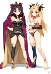 armlet ass_visible_through_thighs asymmetrical_legwear asymmetrical_sleeves bare_shoulders black_hair black_ribbon blonde_hair blush cape commentary_request cosplay costume_switch crown earrings ereshkigal_(fate/grand_order) ereshkigal_(fate/grand_order)_(cosplay) fate/grand_order fate_(series) gold_trim hair_ribbon highres hoop_earrings ishtar_(fate/grand_order) ishtar_(fate/grand_order)_(cosplay) jewelry long_hair long_legs looking_at_viewer multiple_girls red_cape red_eyes red_ribbon ribbon simple_background single_sleeve single_thighhigh skull thighhighs tiara white_background yang-do 