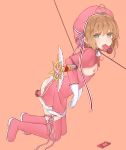  anal anal_object_insertion antenna_hair arched_back bdsm beret blush bondage boots bound bound_arms brown_hair cardcaptor_sakura crying crying_with_eyes_open dildo dress dress_lift drooling flat_chest from_side full_body gagged gloves hat highres ikasumi_(user_gsgn4323) kinomoto_sakura kneeling leaning_forward leash long_sleeves looking_at_viewer looking_to_the_side nipples no_bra no_panties object_insertion pink_capelet pink_dress pink_footwear pink_hat remote_control_vibrator ribbon saliva see-through short_hair sidelocks solo striped striped_ribbon tears thigh_boots thigh_strap thighhighs vibrator wand white_gloves 
