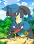  ambiguous_gender animal_genitalia animal_penis anthro balls barefoot canine canine_penis cum cum_on_ground cum_on_penis cum_string cumshot ejaculation erection fangs fur hi_res knot long_ears lucario lying male mammal masturbation nintendo nude on_front on_ground orgasm outside penis pok&eacute;mon pok&eacute;mon_(species) red_eyes red_penis snivy solo spikes standing tricksta under video_games 