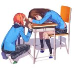  1girl anzu_(ensemble_stars!) blazer brown_hair chair chano_hinano closed_eyes ensemble_stars! green_eyes hood jacket long_hair necktie orange_hair pants plaid plaid_pants plaid_skirt school_chair school_uniform shoes short_hair short_ponytail skirt tears tsukinaga_leo uwabaki yumenosaki_school_uniform 