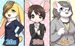  age_difference anthro bear black_hair breasts brown_hair business_suit clothing eyewear fur glasses green_eyes hair lagomorph mammal maruyama_(artist) mouse nemi_(tenshoku_safari) official_art open_mouth polar_bear rabbit rodent smile suit tenshoku_safari usagine_(tenshoku_safari) white_fur yellow_fur 