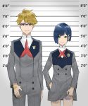  1girl barcode_tattoo blonde_hair blue-framed_eyewear blue_hair brown_eyes darling_in_the_franxx error eyebrows_visible_through_hair glasses gorou_(darling_in_the_franxx) green_eyes hair_ornament hairclip hand_in_pocket height_chart highres ichigo_(darling_in_the_franxx) kaz_(kaazzz0416) lifted_by_self lineup military military_uniform mugshot short_hair smile smirk tattoo uniform 