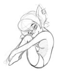  black_and_white breasts clothed clothing ear_piercing female hair humanoid league_of_legends looking_at_viewer monochrome navel nipples not_furry panties piercing pointy_ears riot_games side_view simple_background sitting sketch smile starshippizza topless tristana_(lol) underwear video_games white_background yordle 
