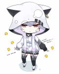  :&gt; animal animal_ears animal_hood azuma_lim azuma_lim_channel bangs bird black_legwear black_skirt brown_eyes cat_ears cat_hood chibi closed_mouth ear_piercing eyebrows_visible_through_hair hair_between_eyes hood hood_up hoodie long_hair long_sleeves looking_at_viewer piercing pleated_skirt pointing sidelocks silver_hair skirt sleeves_past_wrists solo standing tanyatonya thighhighs translation_request very_long_hair virtual_youtuber white_background white_hoodie 