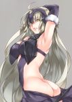  ahoge arm_above_head armpits ass breasts cleavage commentary_request fate/grand_order fate_(series) glaring green_eyes grey_background grey_hair headpiece jeanne_d'arc_(alter)_(fate) jeanne_d'arc_(fate)_(all) large_breasts long_hair solo takatsuki_ichi very_long_hair 