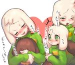  2boys asriel_dreemurr blush brown_hair child claws covering_another's_eyes fangs frisk_(undertale) furry heart male_focus multiple_boys muraachi one_eye_closed open_mouth parted_lips shirt spoilers striped striped_shirt sweatdrop translation_request undertale white_hair 