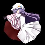  absurdres bangs black_background black_legwear blue_ribbon blunt_bangs capelet crescent crescent_moon_pin dress eyebrows_visible_through_hair fetal_position full_body haruto_(hirokazu1001) hat hat_ribbon highres knees_up light_smile long_hair looking_at_viewer no_shoes patchouli_knowledge plantar_flexion purple_eyes purple_hair ribbon robe simple_background solo striped striped_dress touhou very_long_hair white_hat 