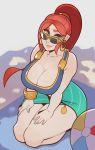  1girl absurdres ball beach breasts cassie_(paladins) cleavage glasses highres kneeling large_breasts nail_polish paladins ponytail red_hair splashbrush swimsuit 
